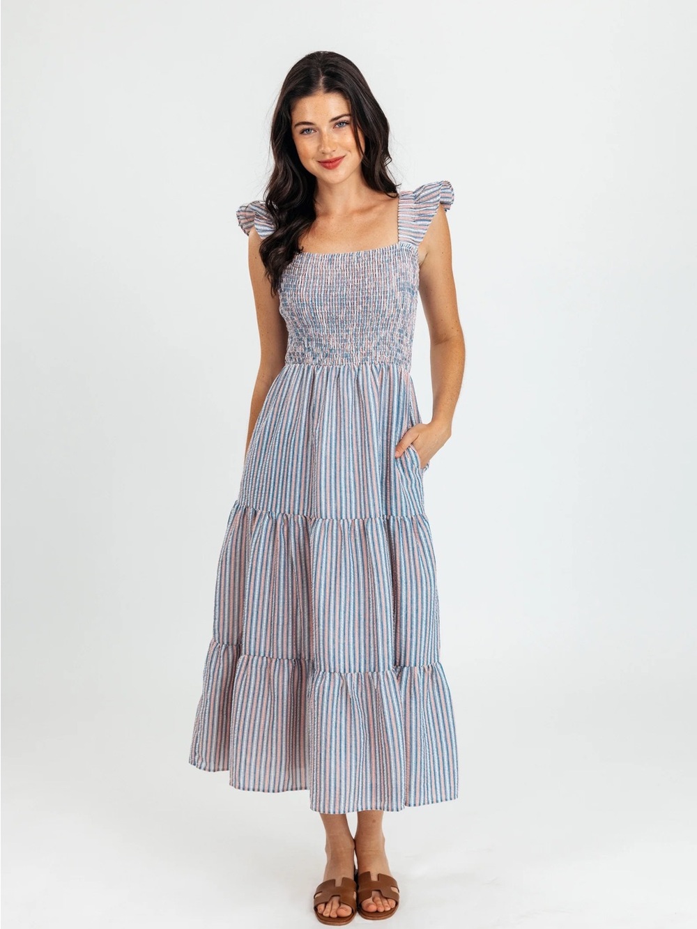 Kiel James Patrick Blue & White Striped Smocked Tiered Maxi Dress Size 10 NWT
